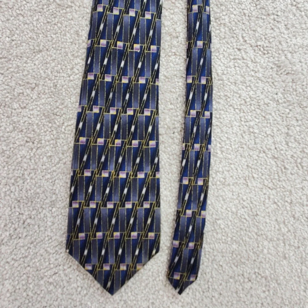 Oscar de la Renta Mens Silk‎ Tie Blue Geometric Pattern Work Office Career
